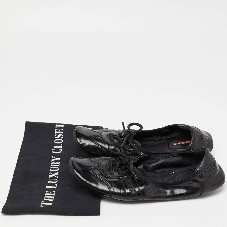 Pre Owned Prada Sport Black Patent Leather Lace-up Scrunch Ballet Flats Size 39