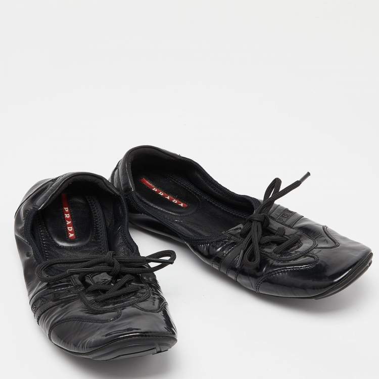 Pre Owned Prada Sport Black Patent Leather Lace-up Scrunch Ballet Flats Size 39