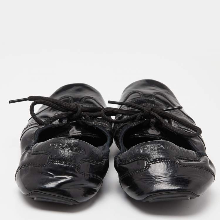 Pre Owned Prada Sport Black Patent Leather Lace-up Scrunch Ballet Flats Size 39