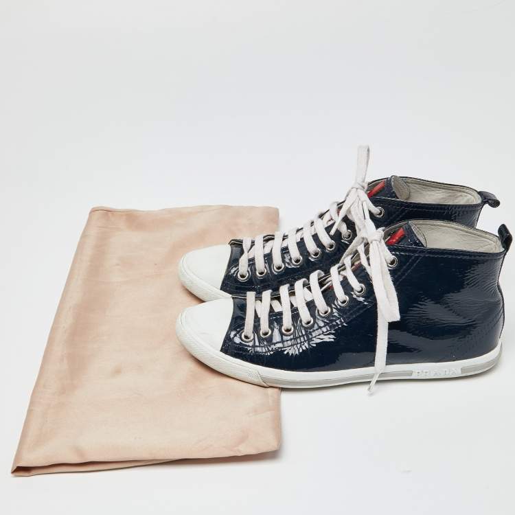 Pre Owned Prada Sport Navy Blue/White Patent Leather and Rubber High Top Sneakers Size 37