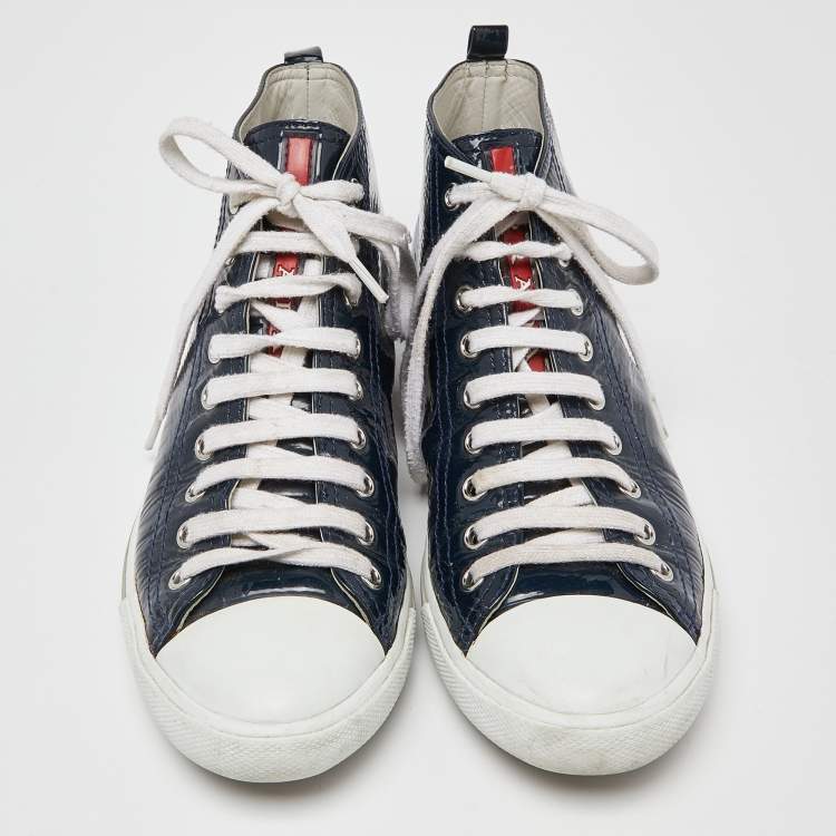 Pre Owned Prada Sport Navy Blue/White Patent Leather and Rubber High Top Sneakers Size 37