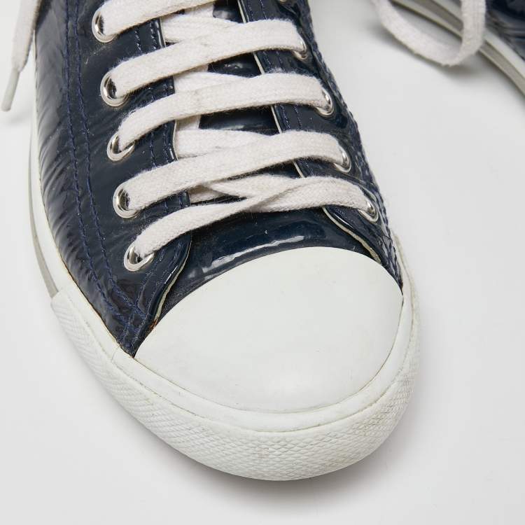 Pre Owned Prada Sport Navy Blue/White Patent Leather and Rubber High Top Sneakers Size 37