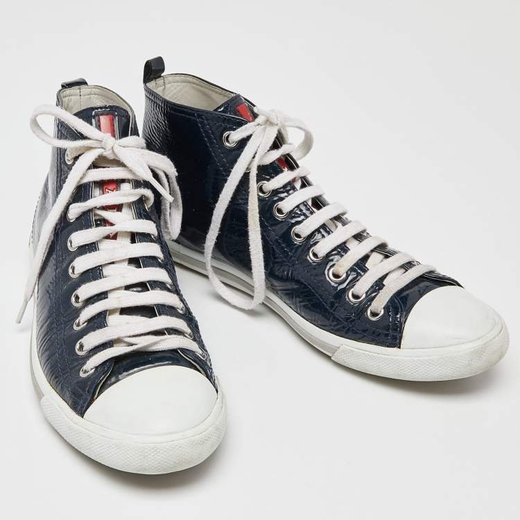 Pre Owned Prada Sport Navy Blue/White Patent Leather and Rubber High Top Sneakers Size 37