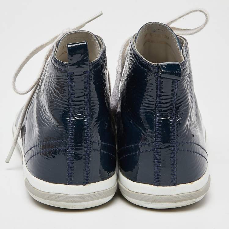Pre Owned Prada Sport Navy Blue/White Patent Leather and Rubber High Top Sneakers Size 37