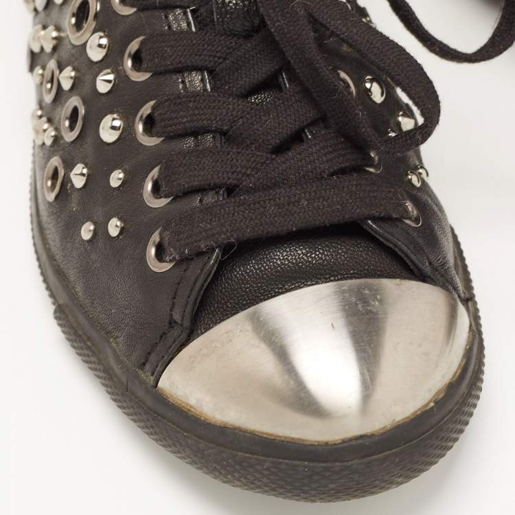 Pre Owned Prada Sport Black Leather Studded Low Top Sneakers Size 37