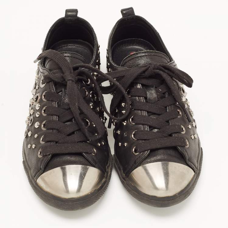 Pre Owned Prada Sport Black Leather Studded Low Top Sneakers Size 37