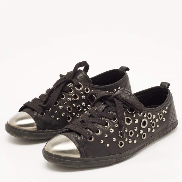 Pre Owned Prada Sport Black Leather Studded Low Top Sneakers Size 37