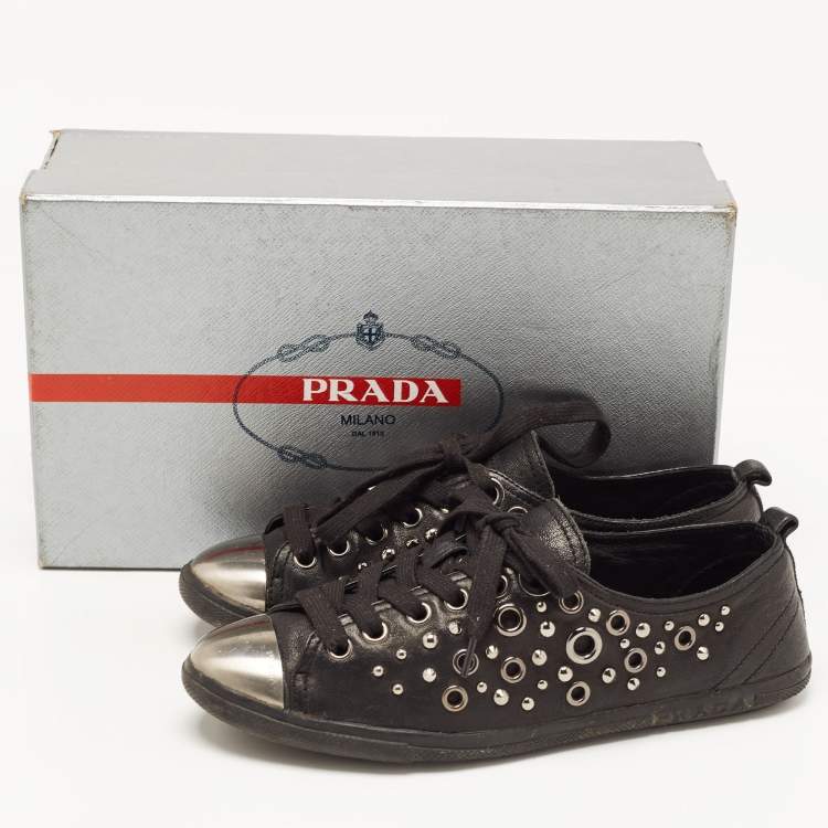 Pre Owned Prada Sport Black Leather Studded Low Top Sneakers Size 37