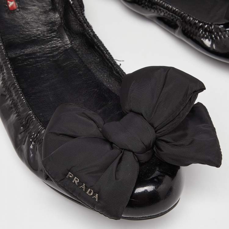 Pre Owned Prada Sport Black Patent Leather Bow Scrunch Ballet Flats Size 40