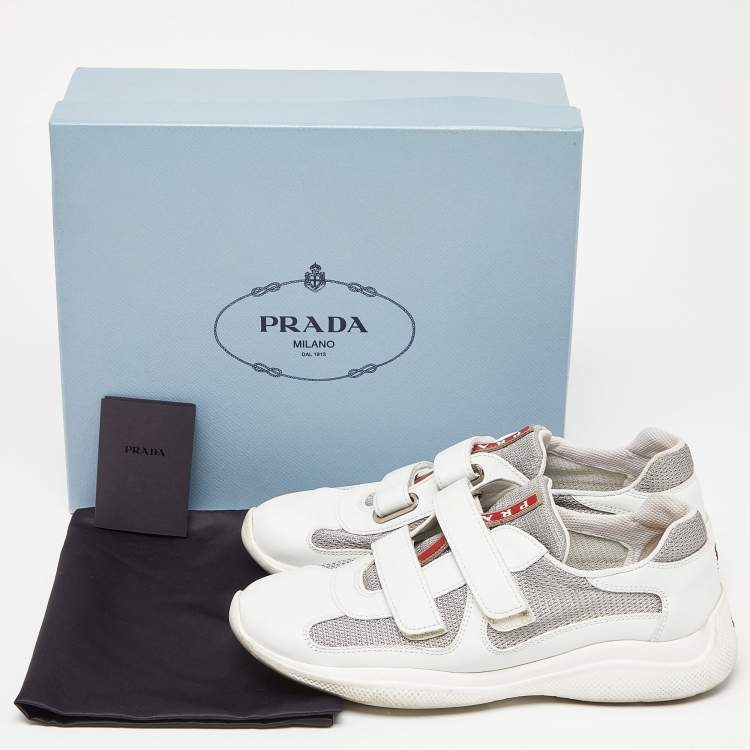 Pre Owned Prada Sport White Leather and Mesh Double Velcro Strap Slip On Sneakers Size 38.5