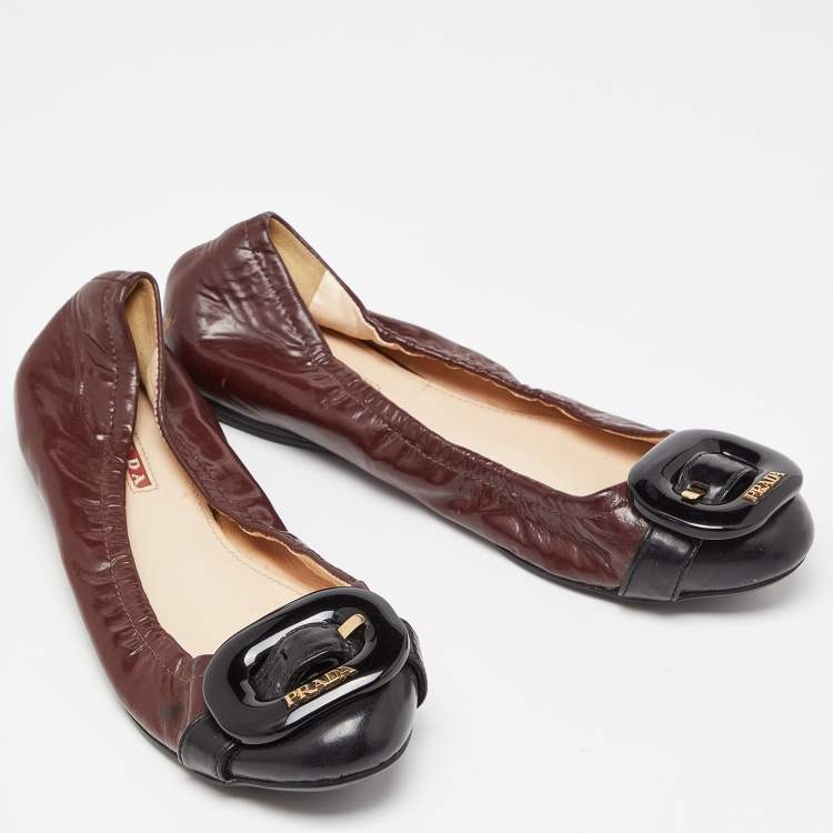 Pre Owned Prada Sport Brown/Black Patent Leather Ballet Flats Size 38