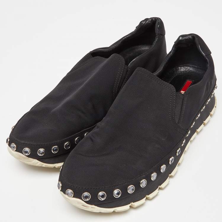 Pre Owned Prada Sport Black Nylon Crystals Embellished Slip On Sneakers Size 41