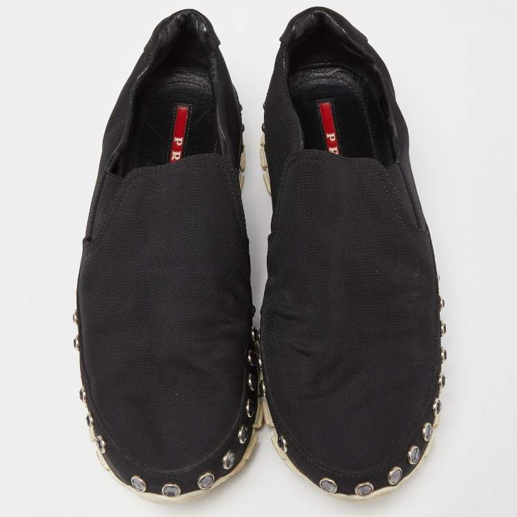 Pre Owned Prada Sport Black Nylon Crystals Embellished Slip On Sneakers Size 41