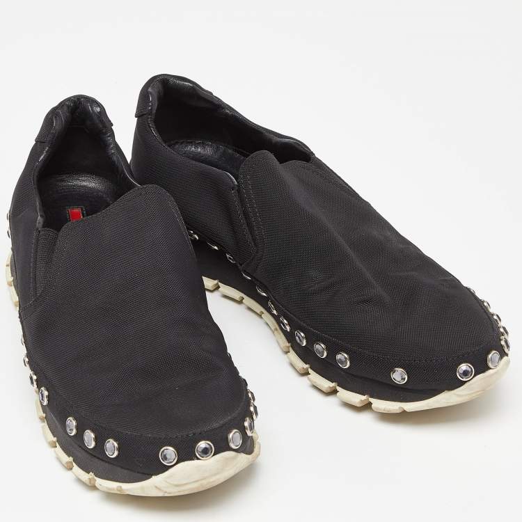 Pre Owned Prada Sport Black Nylon Crystals Embellished Slip On Sneakers Size 41