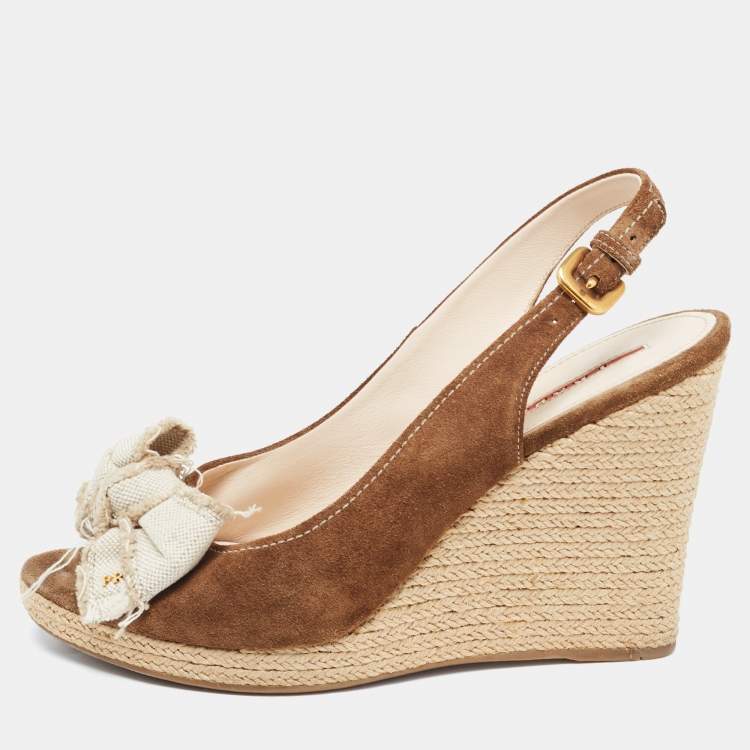 Pre Owned Prada Sport Brown Suede Wedge Slingback Sandals Size  41