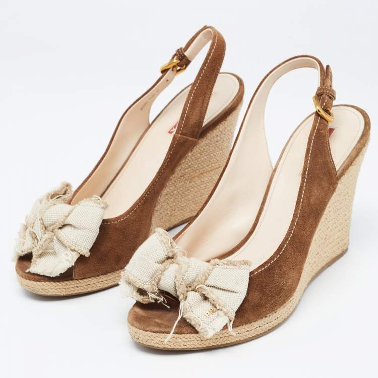 Pre Owned Prada Sport Brown Suede Wedge Slingback Sandals Size  41