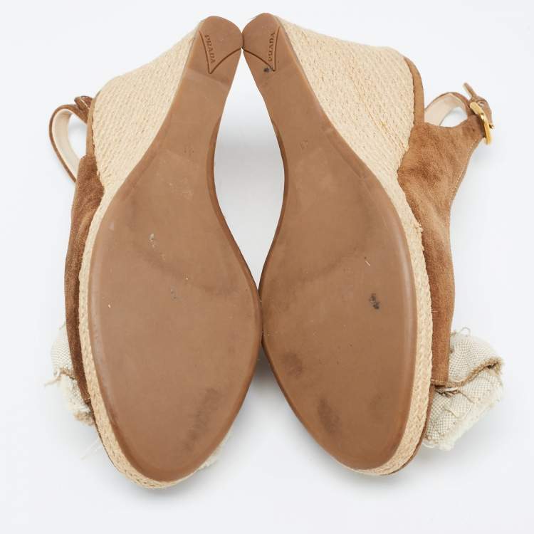 Pre Owned Prada Sport Brown Suede Wedge Slingback Sandals Size  41