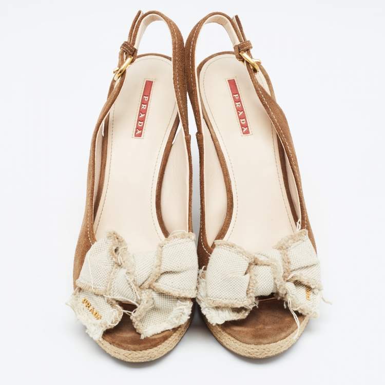 Pre Owned Prada Sport Brown Suede Wedge Slingback Sandals Size  41