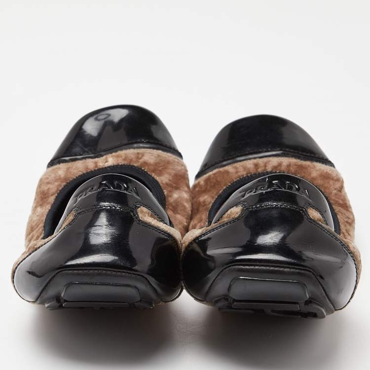 Pre Owned Prada Sport Black/Brown Patent Leather and Velvet Toe Cap Scrunch Ballet Flats Size 40.5 
