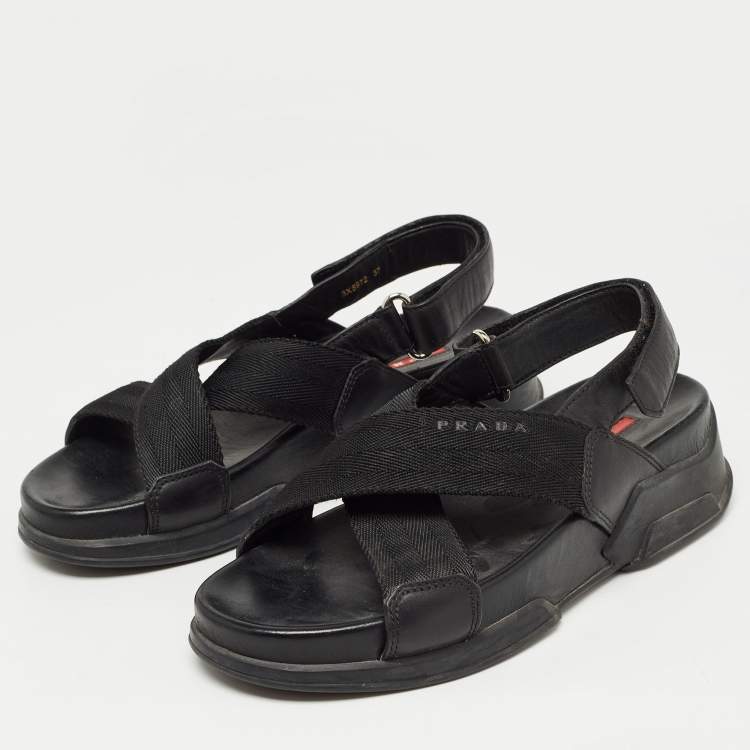Prada Sport Black Fabric and Leather Cross Strap Slingback