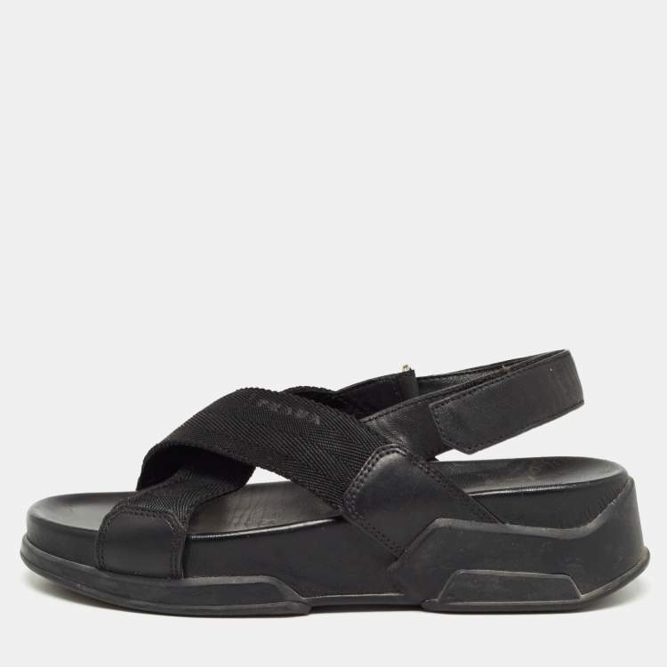 Pre Owned Prada Sport Black Fabric and Leather Cross Strap Slingback Sandals Size 37