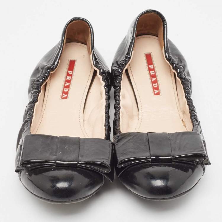 Pre Owned Prada Sport Black Patent Leather Bow Scrunch Ballet Flats Size 36.5