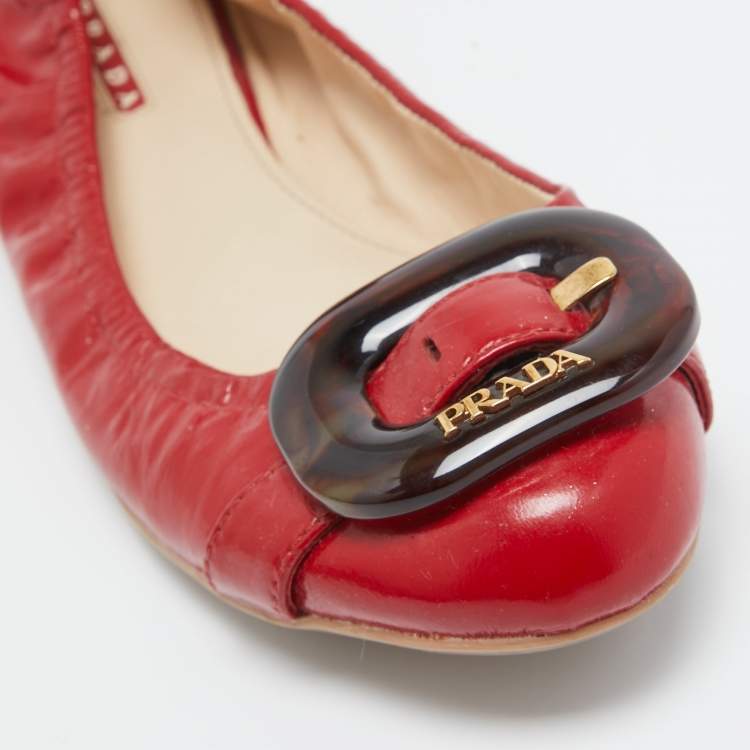 Pre Owned Prada Sport Red Patent Leather Buckle Ballet Flats Size 39