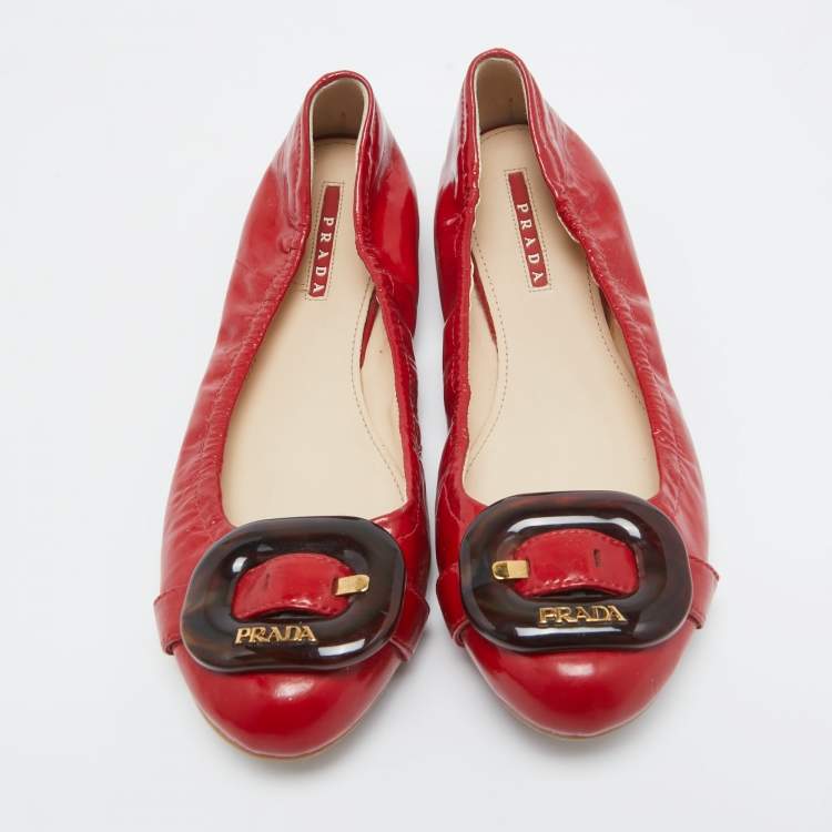 Pre Owned Prada Sport Red Patent Leather Buckle Ballet Flats Size 39