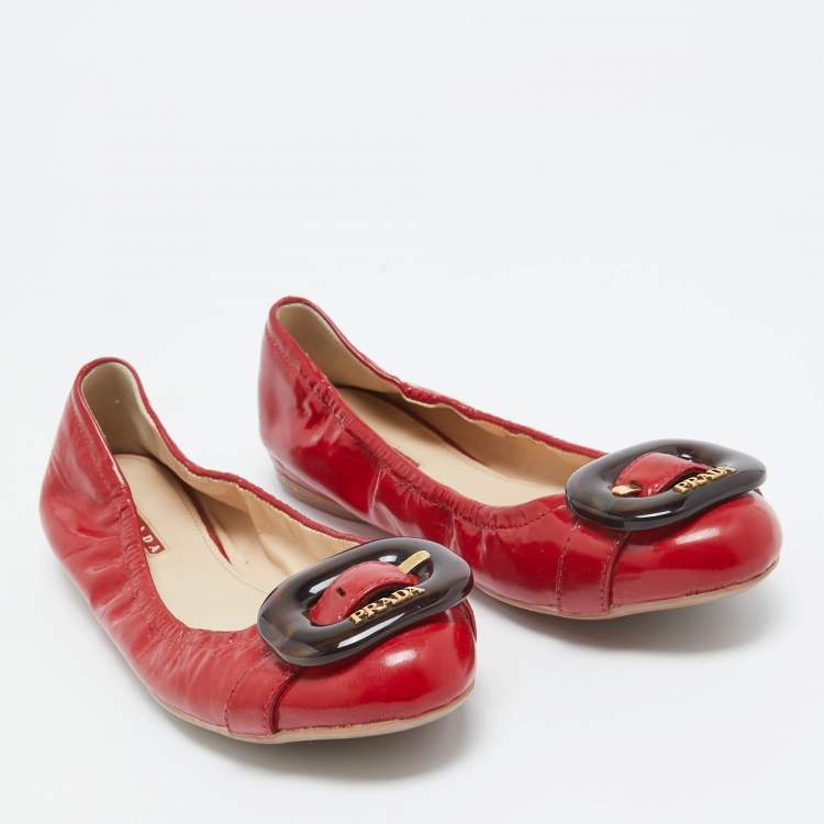 Pre Owned Prada Sport Red Patent Leather Buckle Ballet Flats Size 39