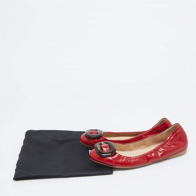 Pre Owned Prada Sport Red Patent Leather Buckle Ballet Flats Size 39