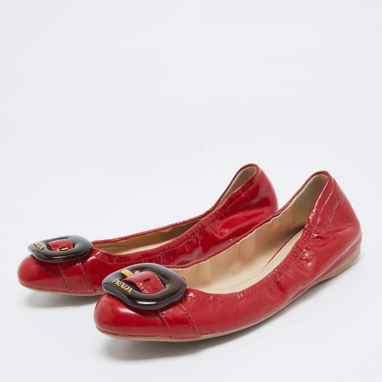 Pre Owned Prada Sport Red Patent Leather Buckle Ballet Flats Size 39