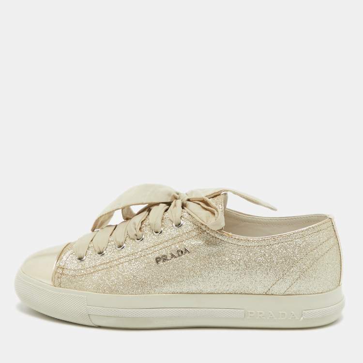مملوكة مسبقًا Prada Sport Gold Glitter Leather Cap Toe Low Top Sneakers Size 39