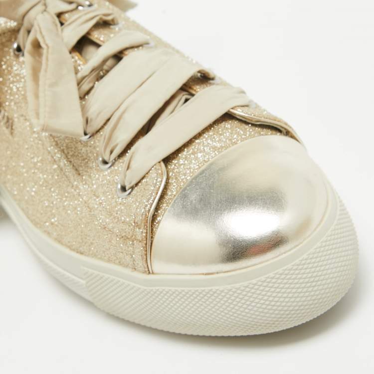 مملوكة مسبقًا Prada Sport Gold Glitter Leather Cap Toe Low Top Sneakers Size 39