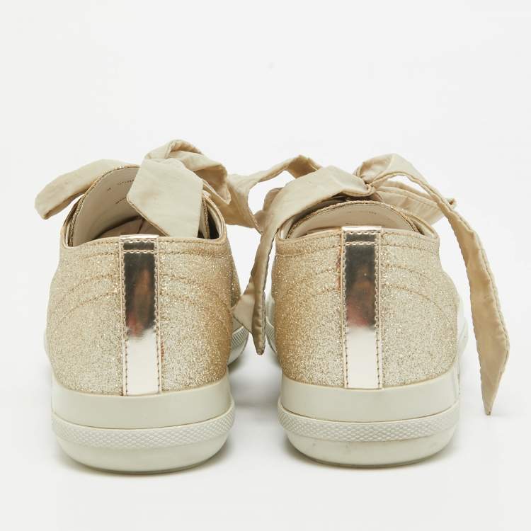 مملوكة مسبقًا Prada Sport Gold Glitter Leather Cap Toe Low Top Sneakers Size 39