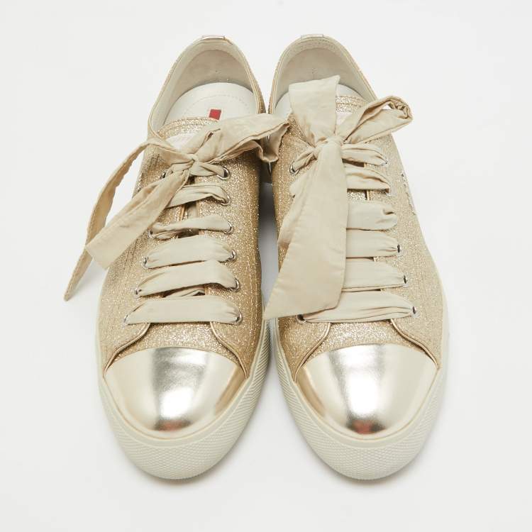 مملوكة مسبقًا Prada Sport Gold Glitter Leather Cap Toe Low Top Sneakers Size 39