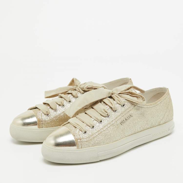 مملوكة مسبقًا Prada Sport Gold Glitter Leather Cap Toe Low Top Sneakers Size 39