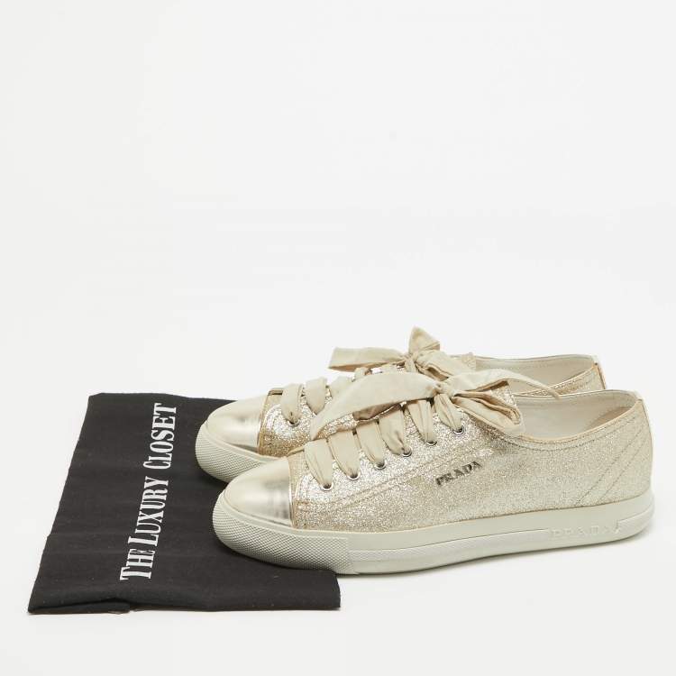 مملوكة مسبقًا Prada Sport Gold Glitter Leather Cap Toe Low Top Sneakers Size 39