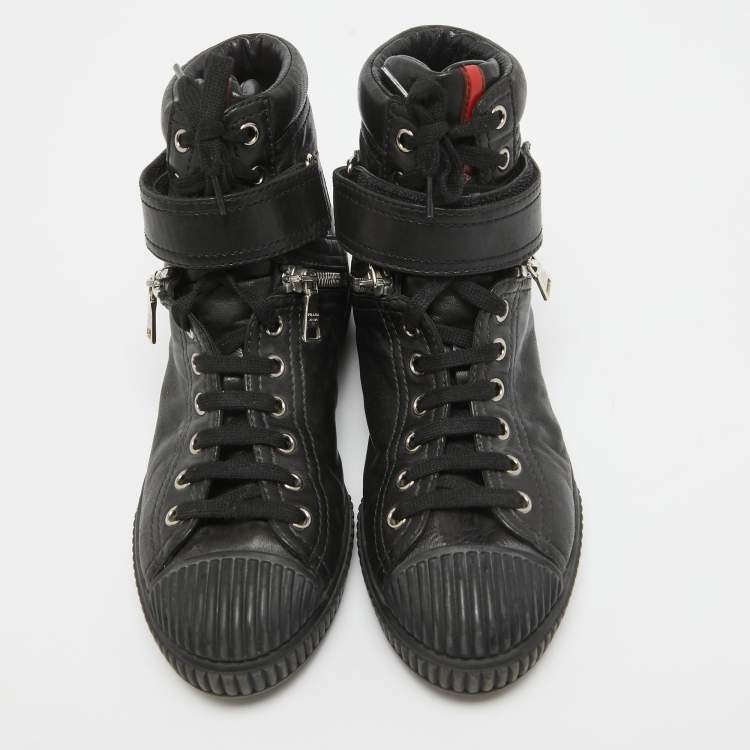 Pre Owned Prada Sport Black Leather High Top Sneakers Size 36.5