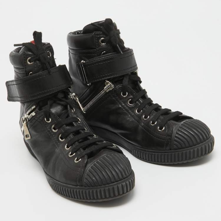 Pre Owned Prada Sport Black Leather High Top Sneakers Size 36.5