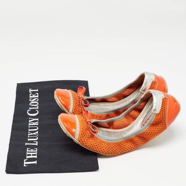 Pre Owned Prada Sport Orange Perforated Suede and Patent Bow Scrunch Ballet Flats Size 37