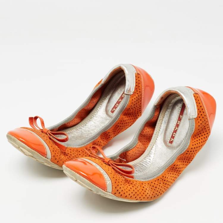 Pre Owned Prada Sport Orange Perforated Suede and Patent Bow Scrunch Ballet Flats Size 37