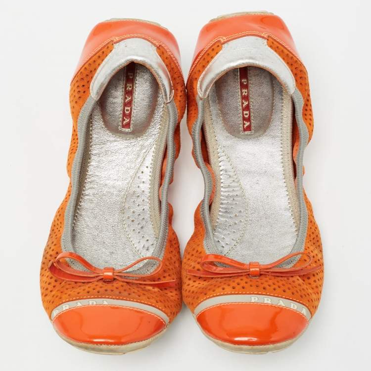 Pre Owned Prada Sport Orange Perforated Suede and Patent Bow Scrunch Ballet Flats Size 37
