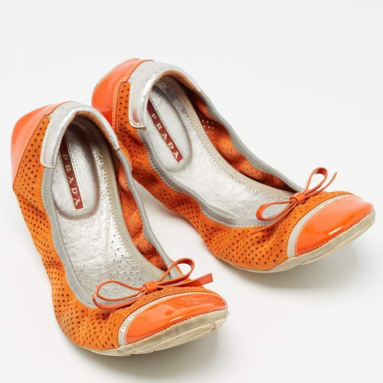 Pre Owned Prada Sport Orange Perforated Suede and Patent Bow Scrunch Ballet Flats Size 37