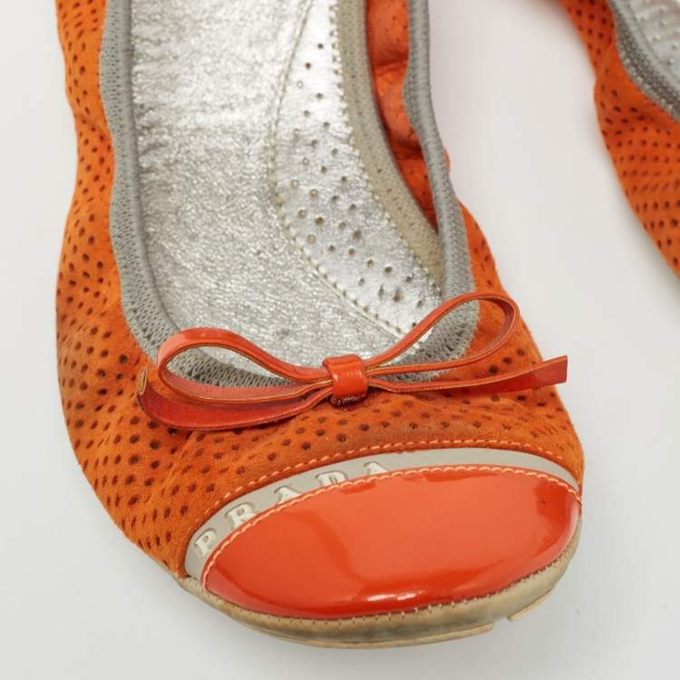 Pre Owned Prada Sport Orange Perforated Suede and Patent Bow Scrunch Ballet Flats Size 37