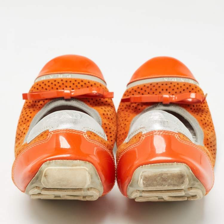 Pre Owned Prada Sport Orange Perforated Suede and Patent Bow Scrunch Ballet Flats Size 37