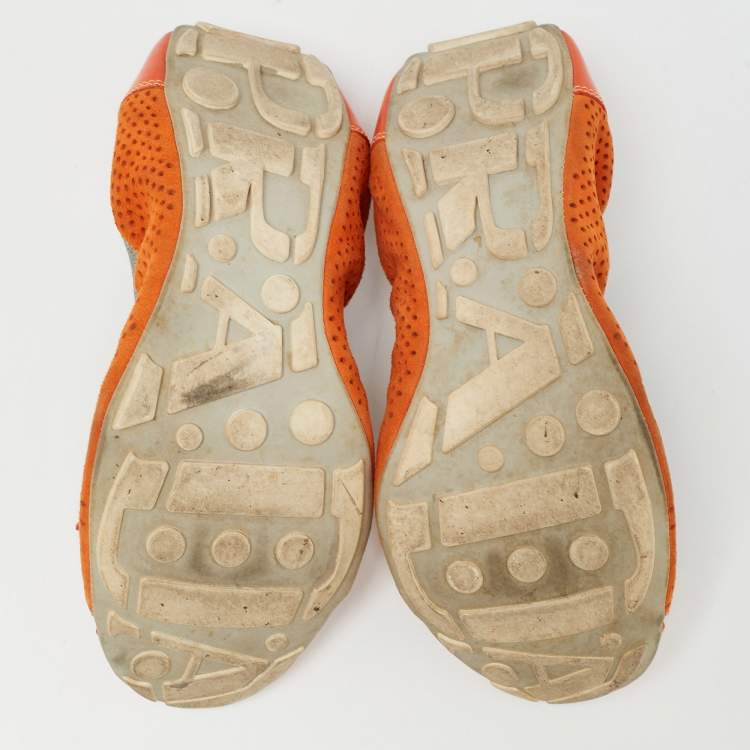 Pre Owned Prada Sport Orange Perforated Suede and Patent Bow Scrunch Ballet Flats Size 37
