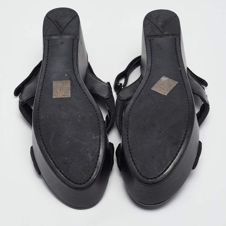 Pre Owned Prada Sport Black Leather and Canvas Strap Wedge Sandals Size 40