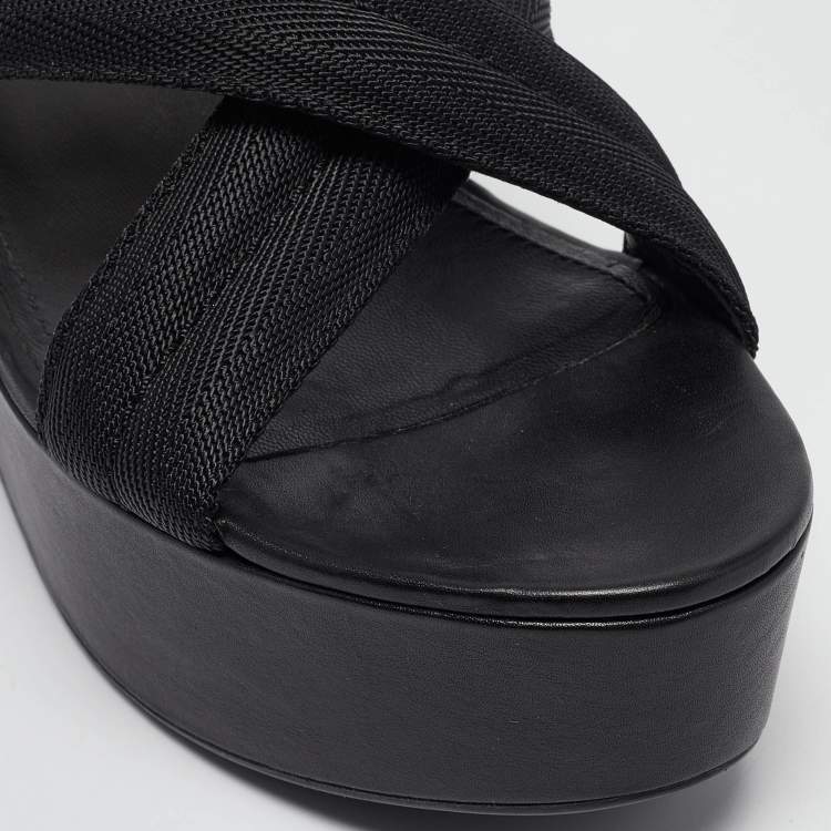 Pre Owned Prada Sport Black Leather and Canvas Strap Wedge Sandals Size 40