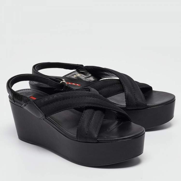 Pre Owned Prada Sport Black Leather and Canvas Strap Wedge Sandals Size 40
