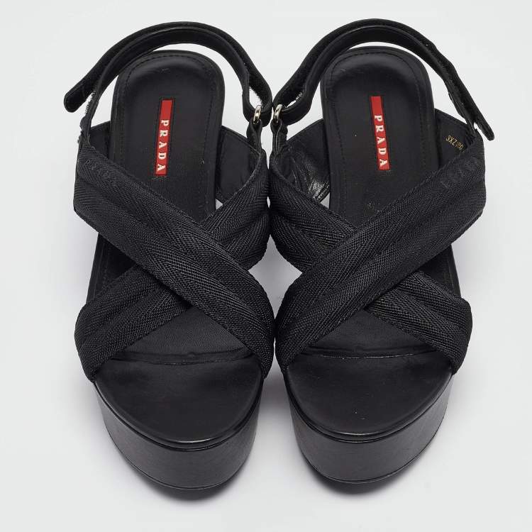 Pre Owned Prada Sport Black Leather and Canvas Strap Wedge Sandals Size 40